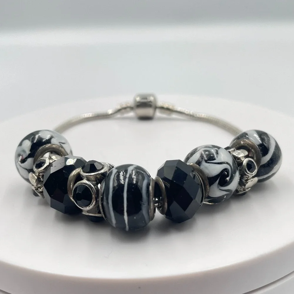Vintage Gothic Black & White Murano Glass European Charm Snake Chain Bracelet